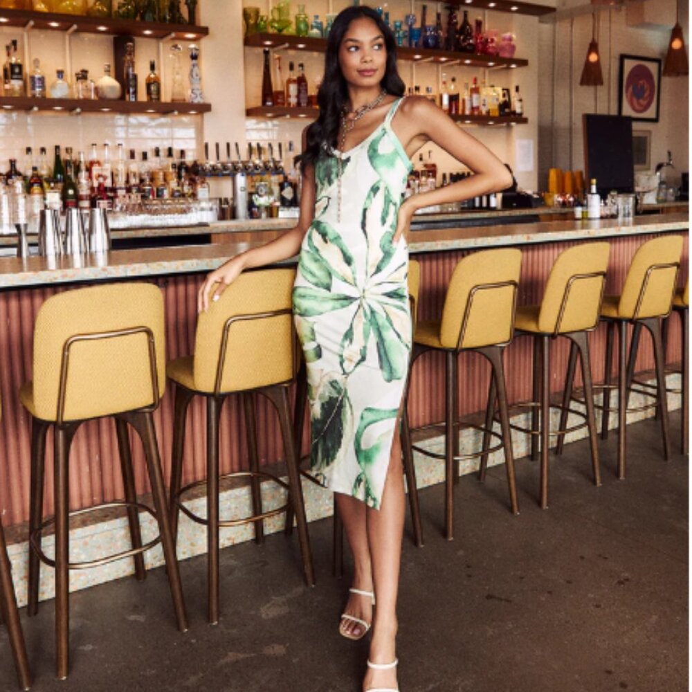 Palm Leaf Print Midi Dress - Green (S) - FABRIK